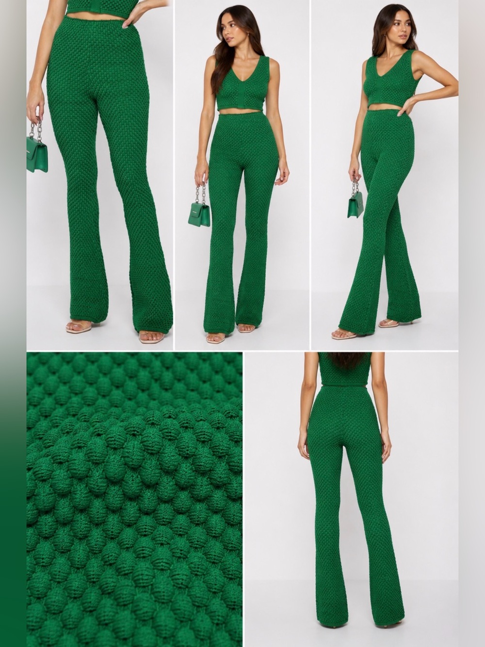 Maniere De Voir Emerald Green Bubble Knit Flare Pants XS Textured - Picture 2 of 8